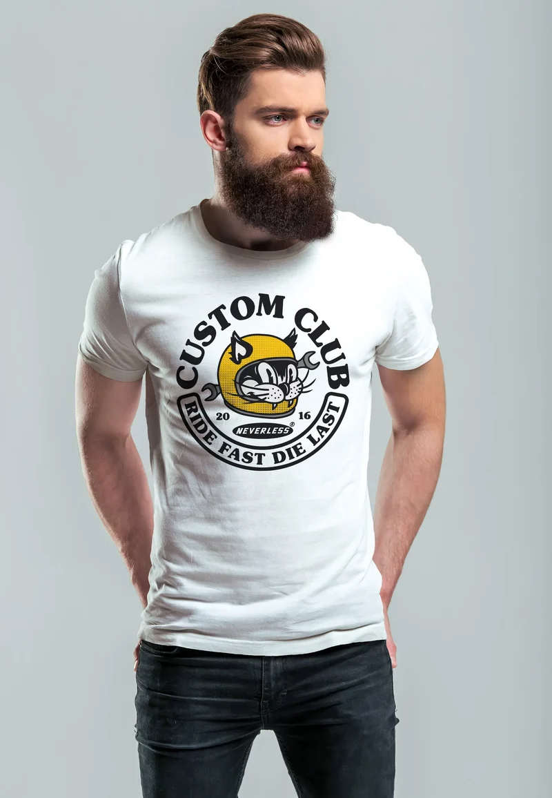 Herren T-Shirt Biker Motiv Racing Cat Schriftzug Ride Fast Die Last Fashion Streetstyle
