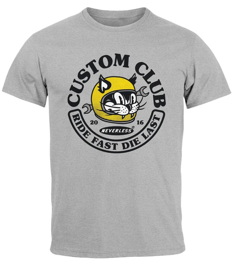 Herren T-Shirt Biker Motiv Racing Cat Schriftzug Ride Fast Die Last Fashion Streetstyle