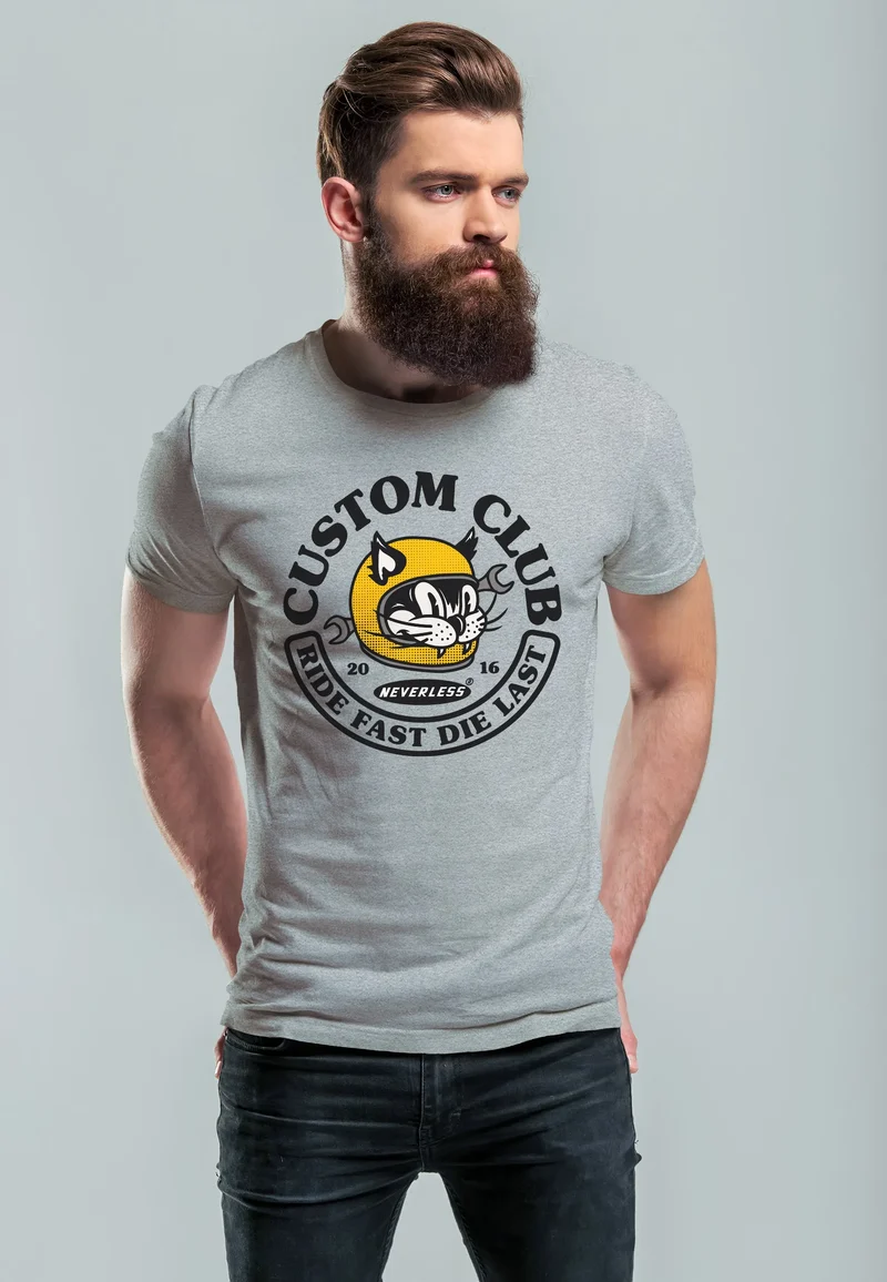 Herren T-Shirt Biker Motiv Racing Cat Schriftzug Ride Fast Die Last Fashion Streetstyle