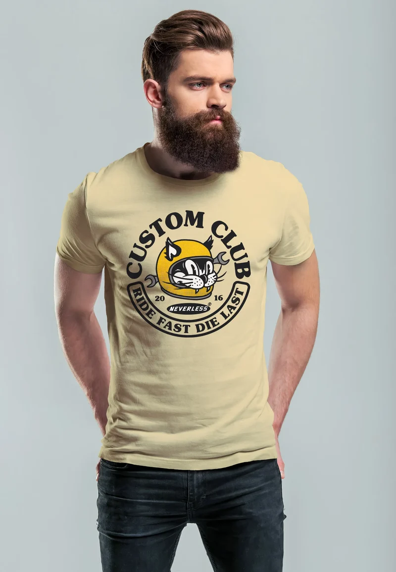 Herren T-Shirt Biker Motiv Racing Cat Schriftzug Ride Fast Die Last Fashion Streetstyle