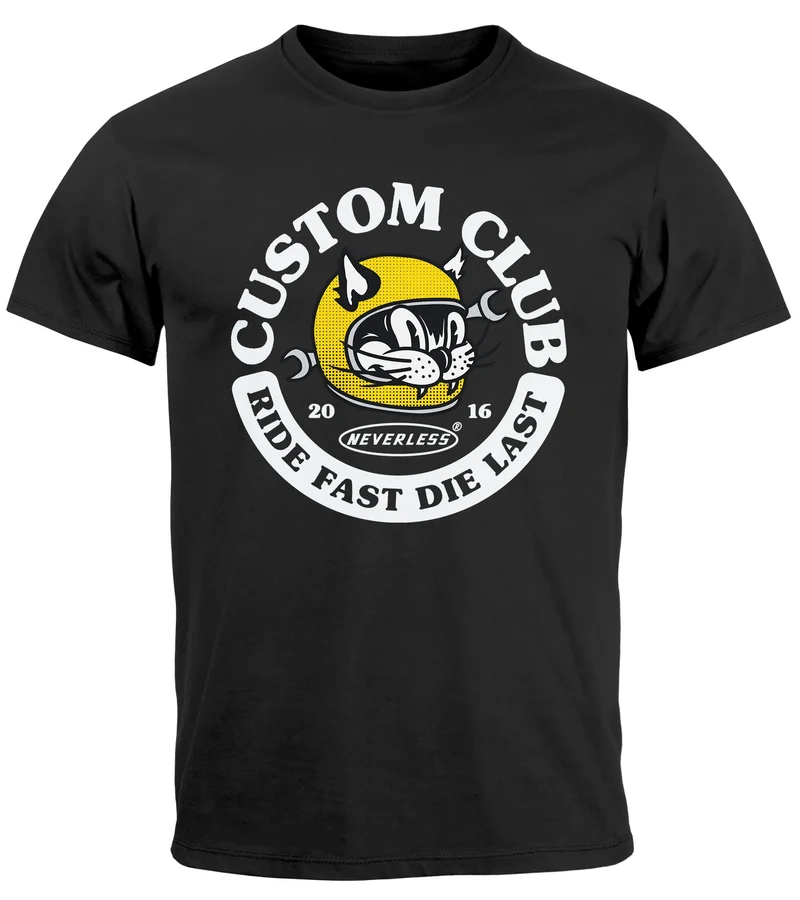 Herren T-Shirt Biker Motiv Racing Cat Schriftzug Ride Fast Die Last Fashion Streetstyle