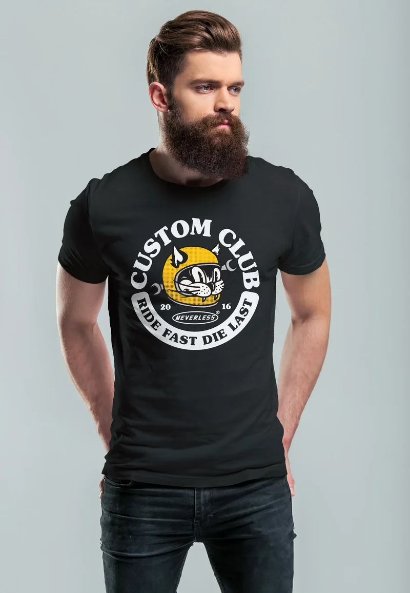 Herren T-Shirt Biker Motiv Racing Cat Schriftzug Ride Fast Die Last Fashion Streetstyle