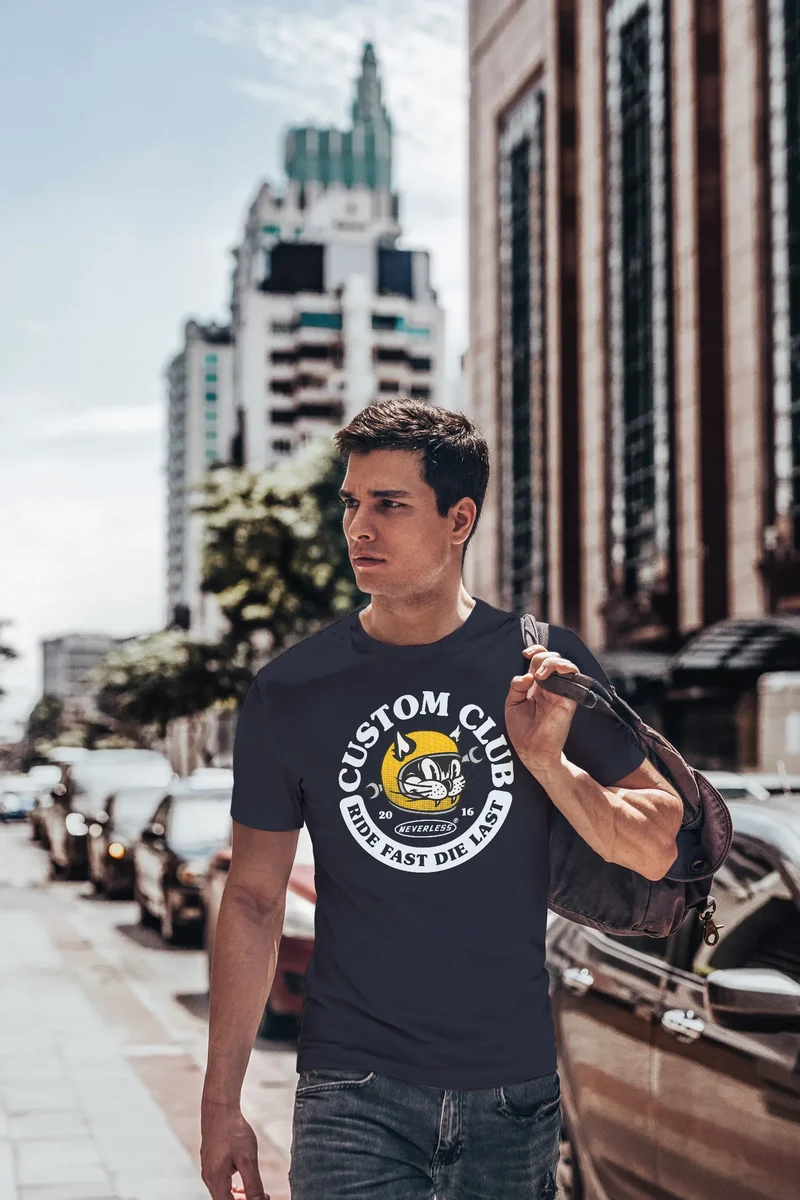 Herren T-Shirt Biker Motiv Racing Cat Schriftzug Ride Fast Die Last Fashion Streetstyle