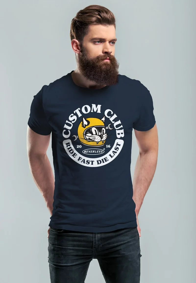 Herren T-Shirt Biker Motiv Racing Cat Schriftzug Ride Fast Die Last Fashion Streetstyle