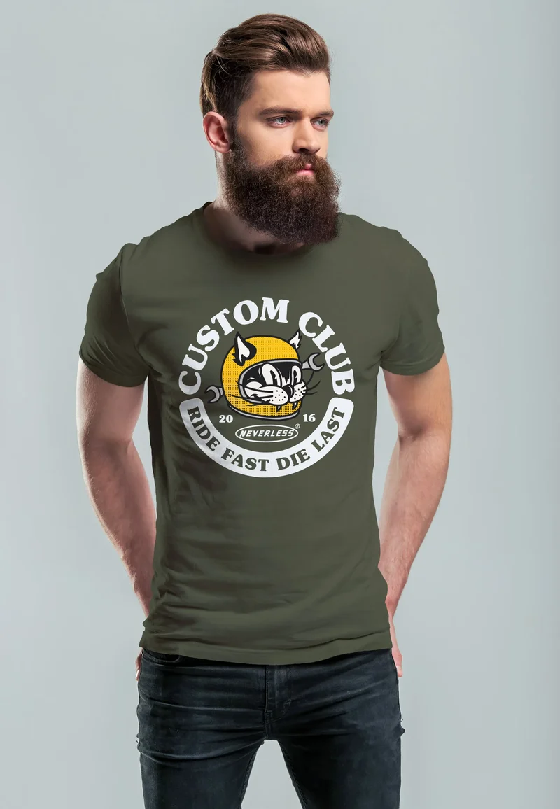 Herren T-Shirt Biker Motiv Racing Cat Schriftzug Ride Fast Die Last Fashion Streetstyle