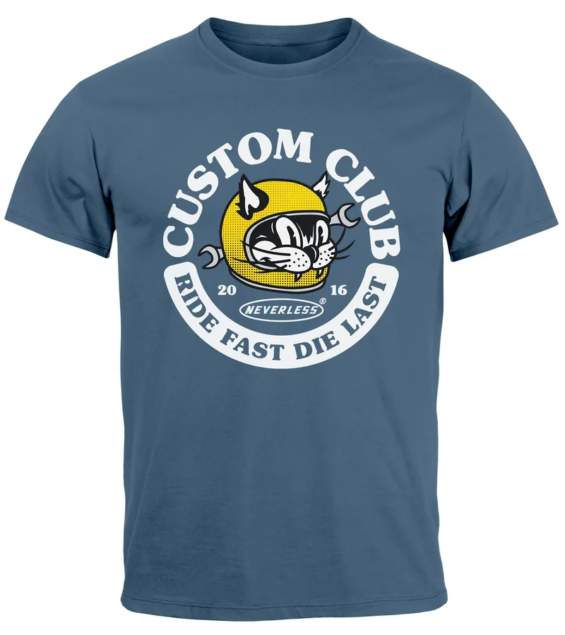 Herren T-Shirt Biker Motiv Racing Cat Schriftzug Ride Fast Die Last Fashion Streetstyle