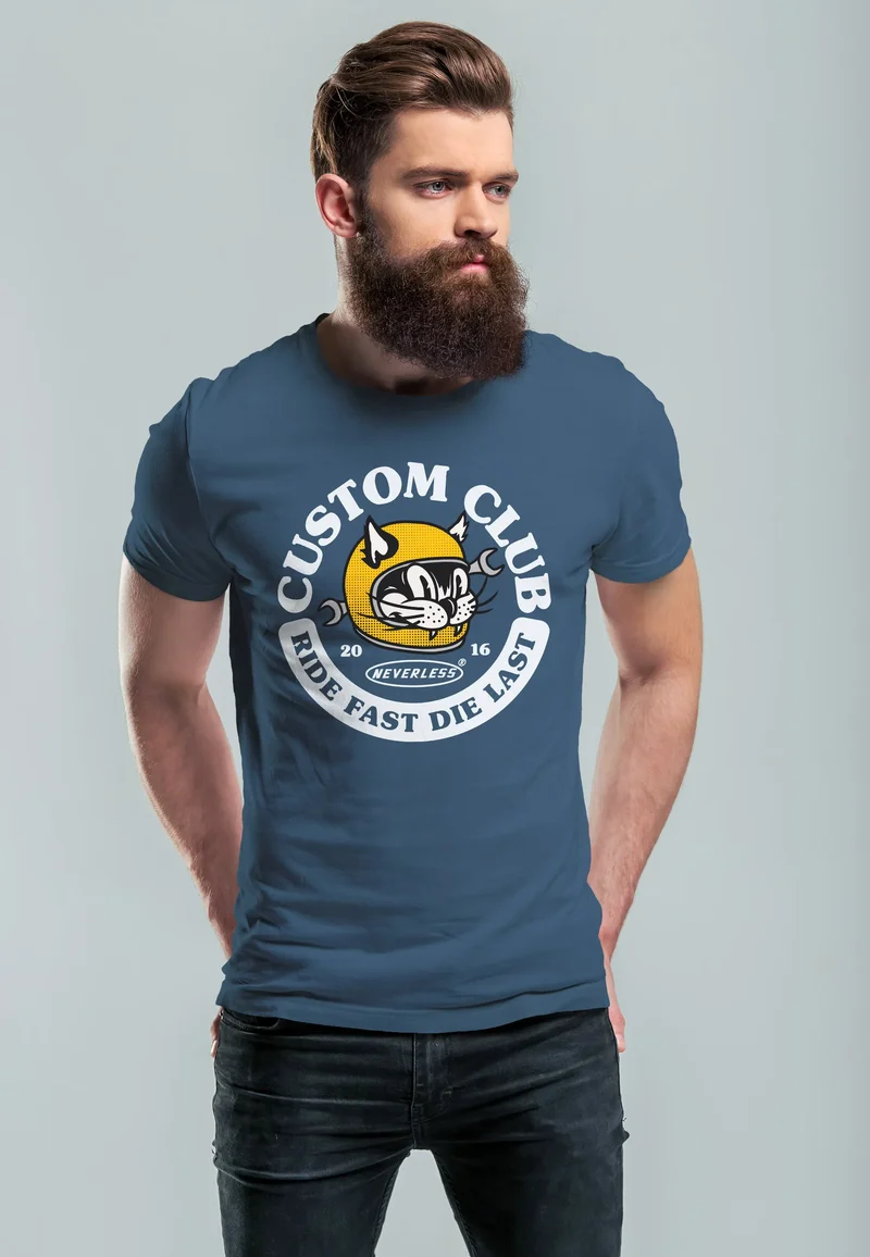 Herren T-Shirt Biker Motiv Racing Cat Schriftzug Ride Fast Die Last Fashion Streetstyle
