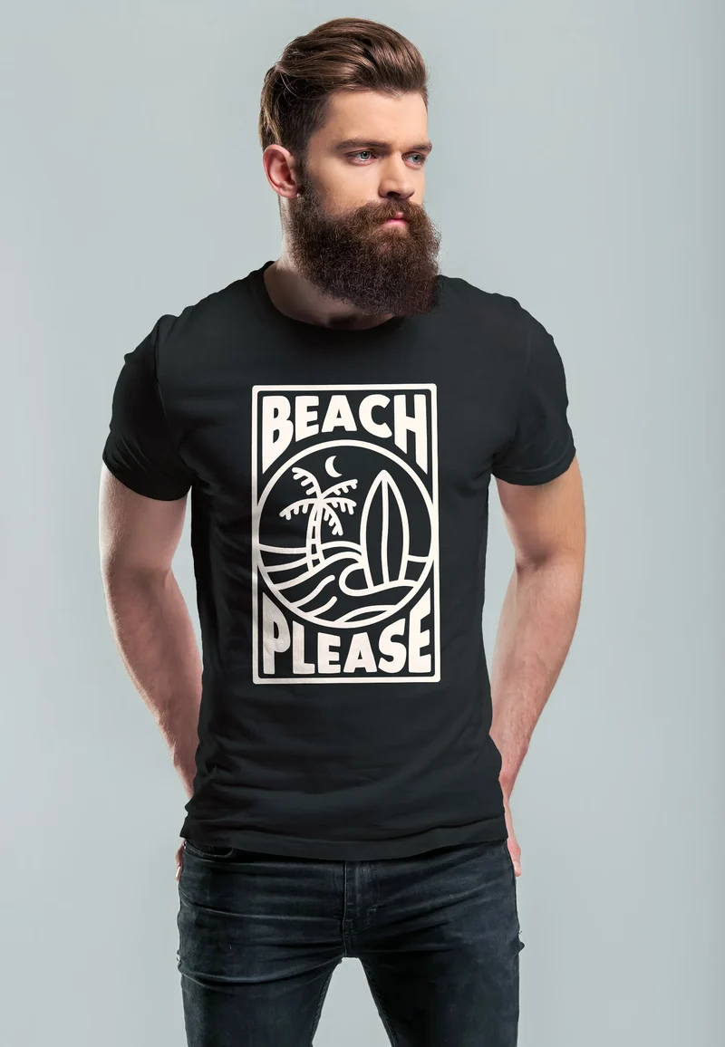 Herren T-Shirt Beach Please Surfing Surfboard Wave Welle Sommer Print Fashion Streetstyle