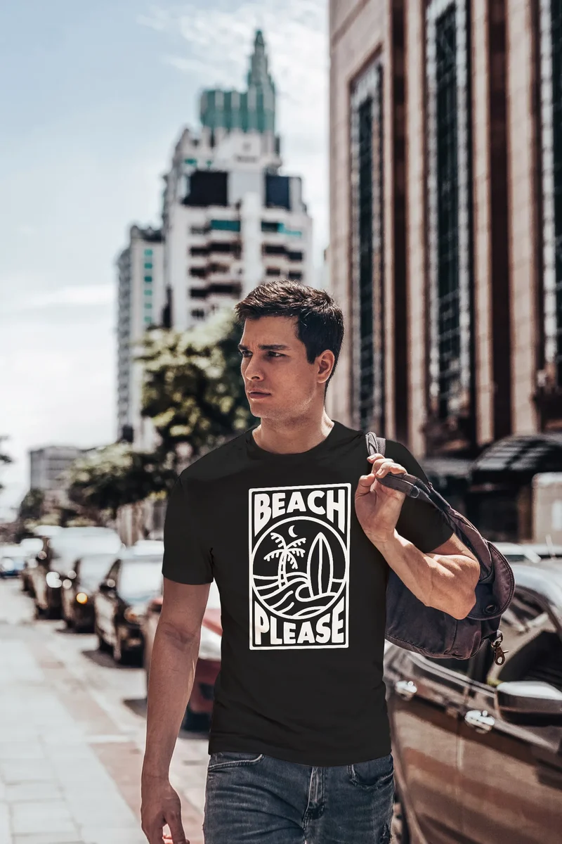 Herren T-Shirt Beach Please Surfing Surfboard Wave Welle Sommer Print Fashion Streetstyle
