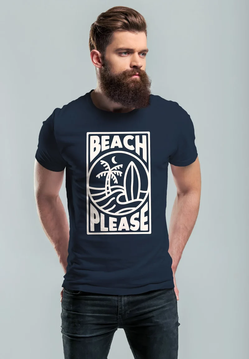 Herren T-Shirt Beach Please Surfing Surfboard Wave Welle Sommer Print Fashion Streetstyle