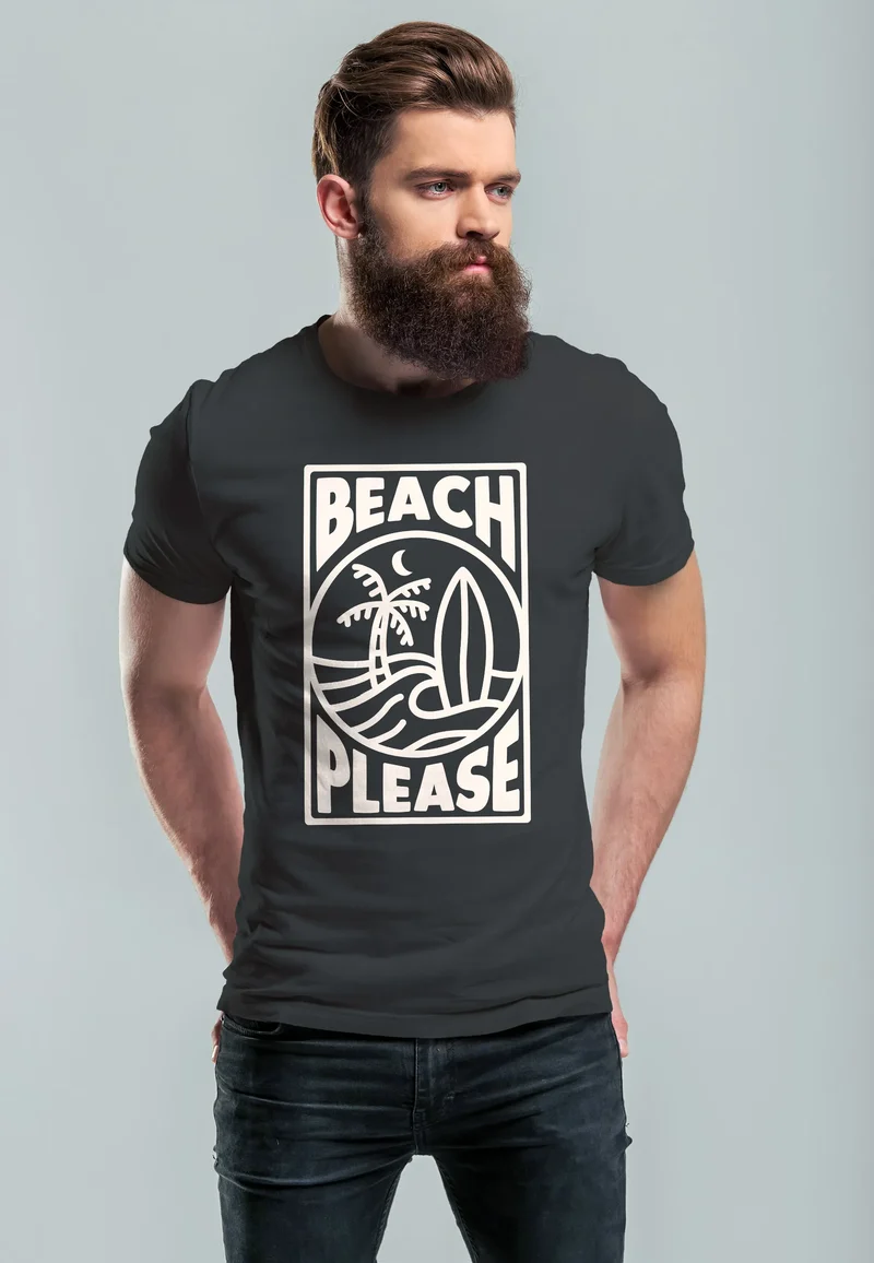 Herren T-Shirt Beach Please Surfing Surfboard Wave Welle Sommer Print Fashion Streetstyle