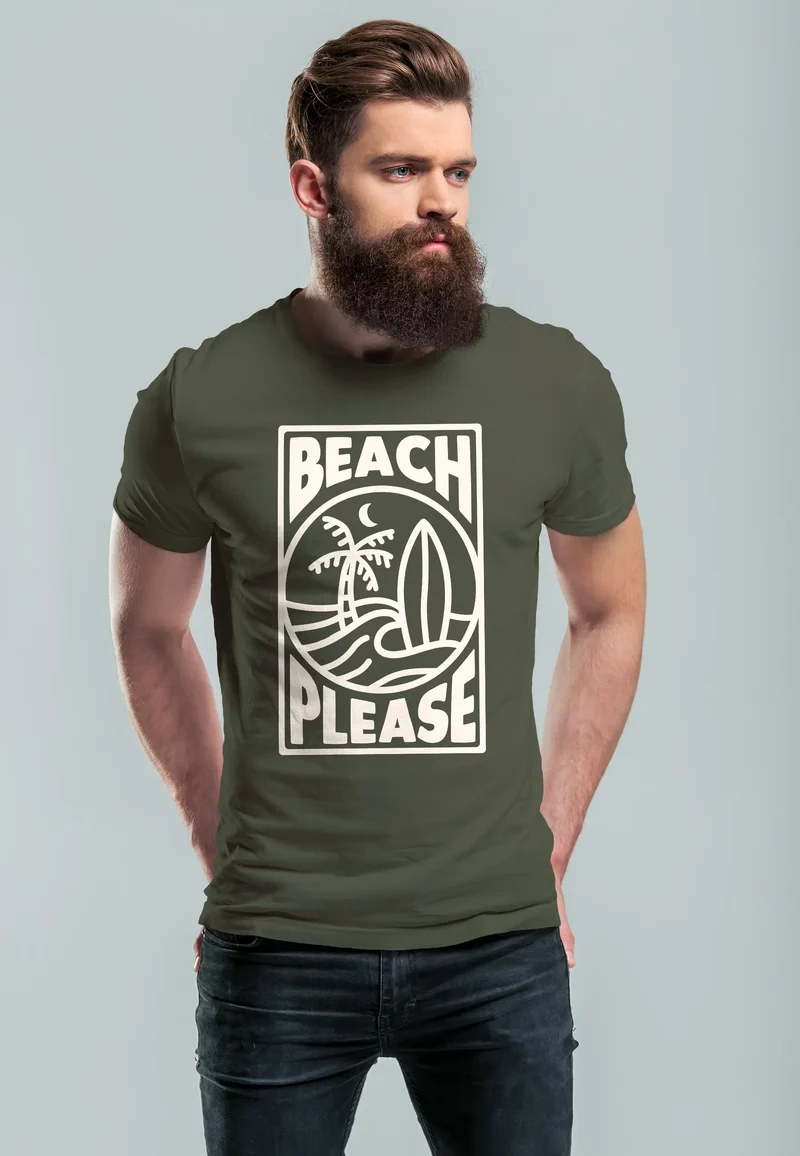 Herren T-Shirt Beach Please Surfing Surfboard Wave Welle Sommer Print Fashion Streetstyle