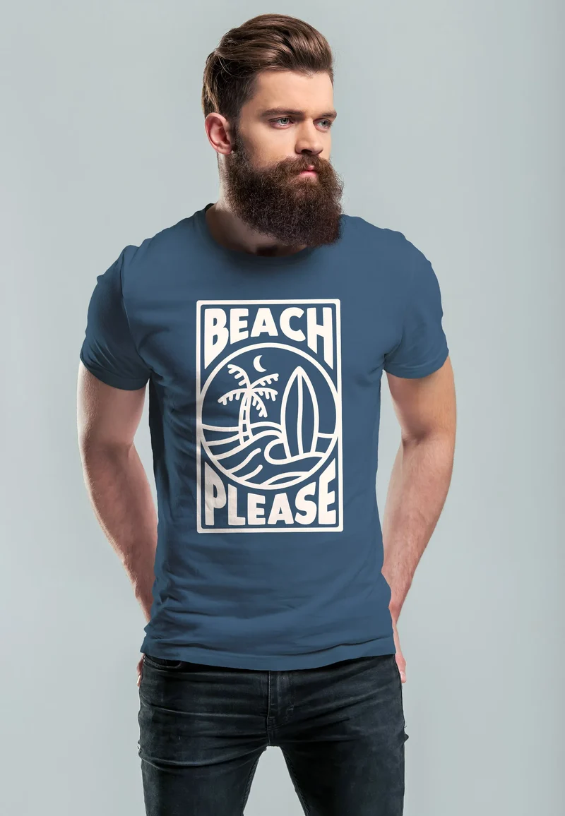 Herren T-Shirt Beach Please Surfing Surfboard Wave Welle Sommer Print Fashion Streetstyle