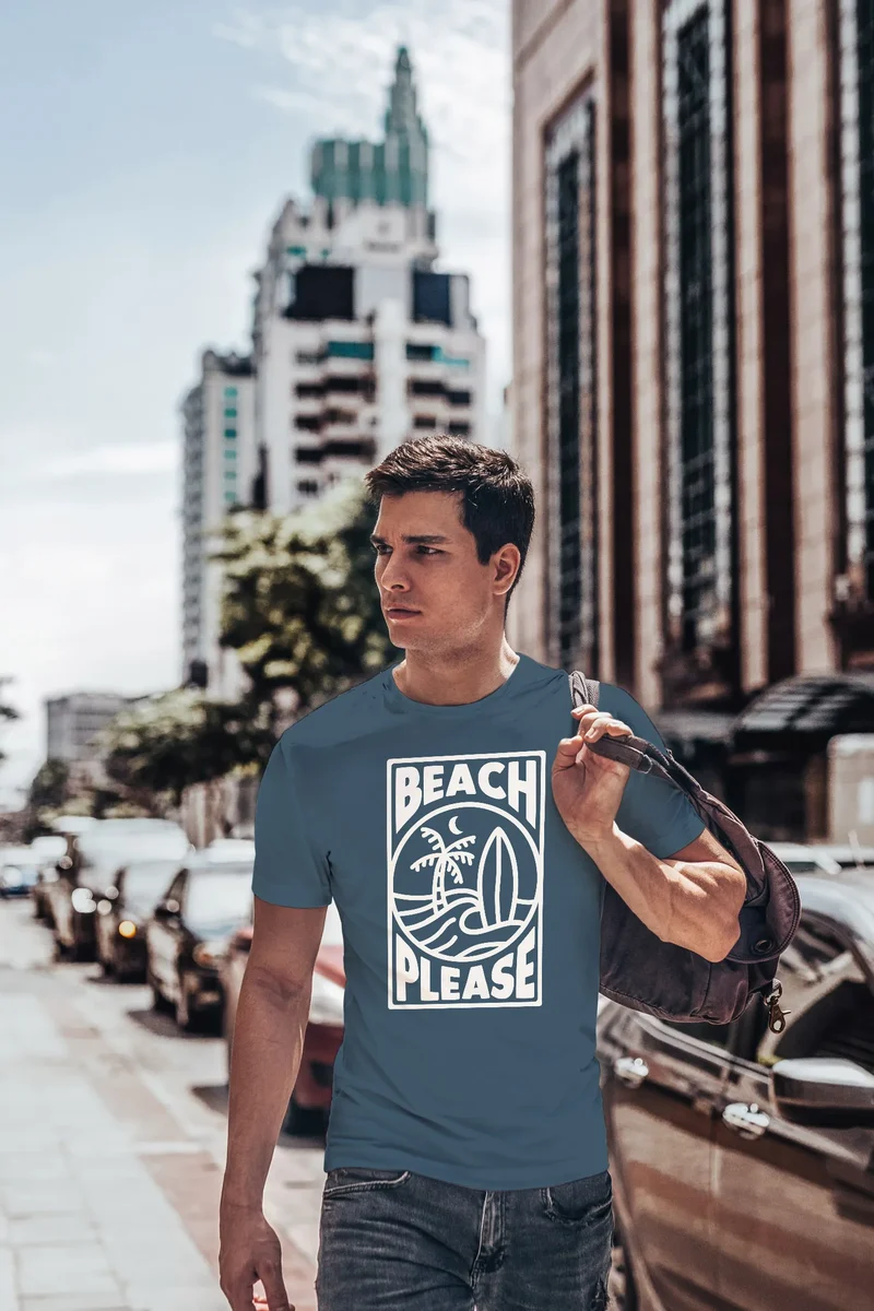 Herren T-Shirt Beach Please Surfing Surfboard Wave Welle Sommer Print Fashion Streetstyle