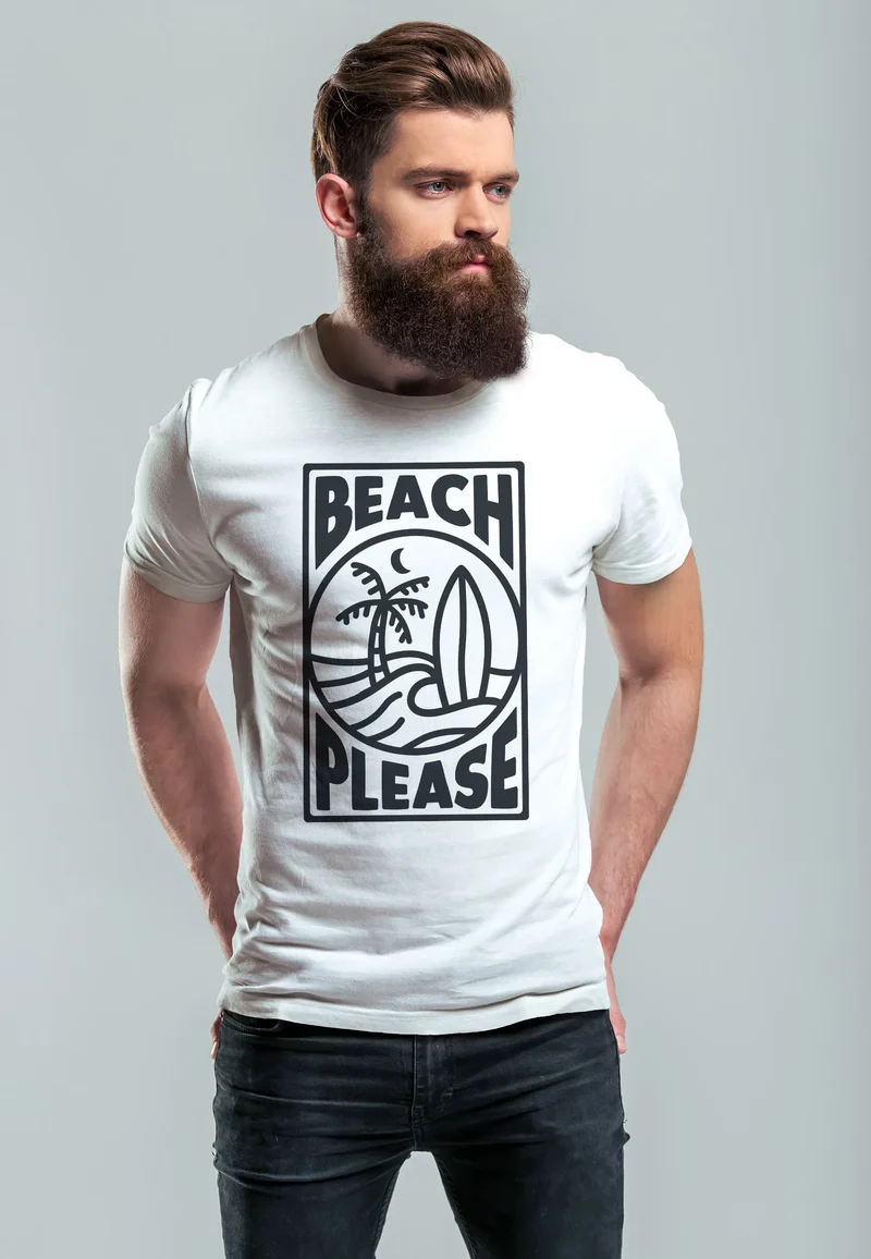Herren T-Shirt Beach Please Surfing Surfboard Wave Welle Sommer Print Fashion Streetstyle