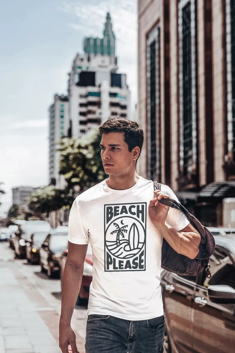 Herren T-Shirt Beach Please Surfing Surfboard Wave Welle Sommer Print Fashion Streetstyle