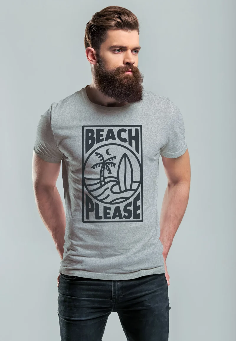 Herren T-Shirt Beach Please Surfing Surfboard Wave Welle Sommer Print Fashion Streetstyle