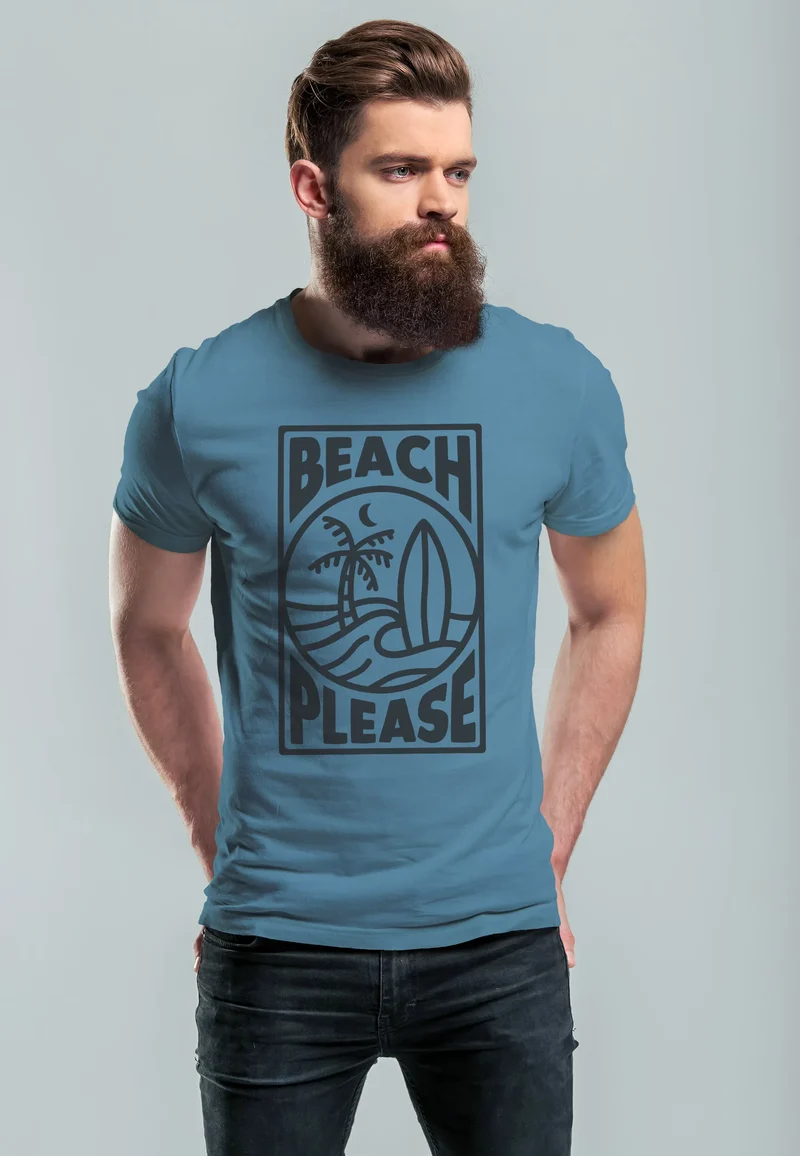 Herren T-Shirt Beach Please Surfing Surfboard Wave Welle Sommer Print Fashion Streetstyle
