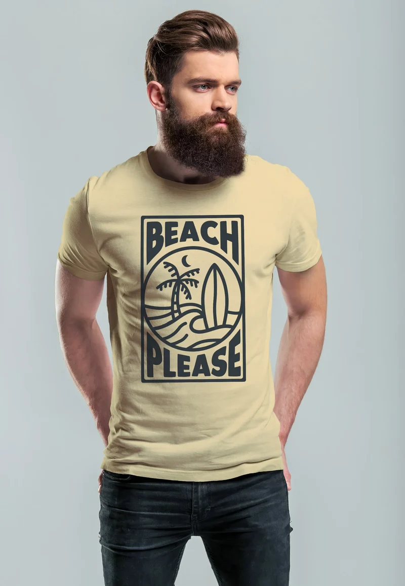 Herren T-Shirt Beach Please Surfing Surfboard Wave Welle Sommer Print Fashion Streetstyle