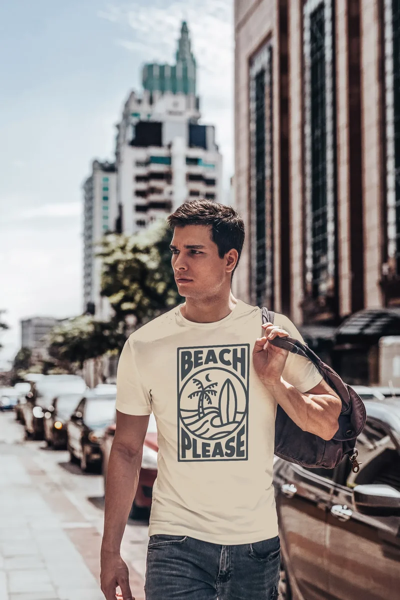 Herren T-Shirt Beach Please Surfing Surfboard Wave Welle Sommer Print Fashion Streetstyle