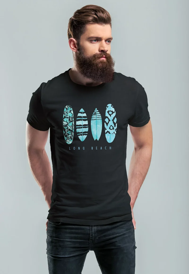 Herren T-Shirt Surfing Fashion Aufdruck Long Beach Surfboard Sommer Strand Streetstyle