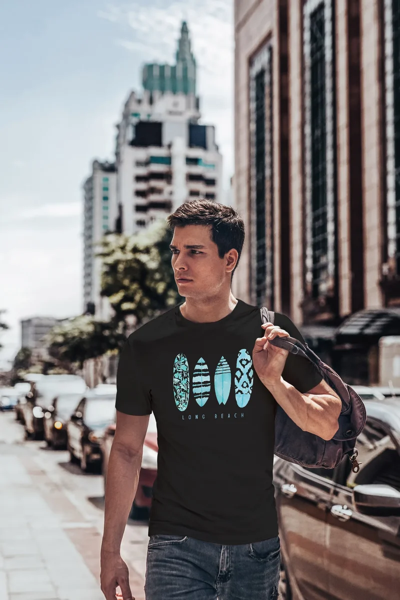 Herren T-Shirt Surfing Fashion Aufdruck Long Beach Surfboard Sommer Strand Streetstyle