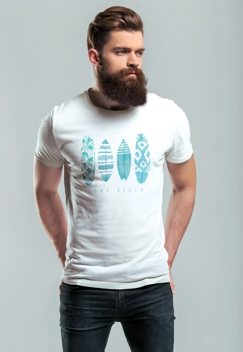 Herren T-Shirt Surfing Fashion Aufdruck Long Beach Surfboard Sommer Strand Streetstyle