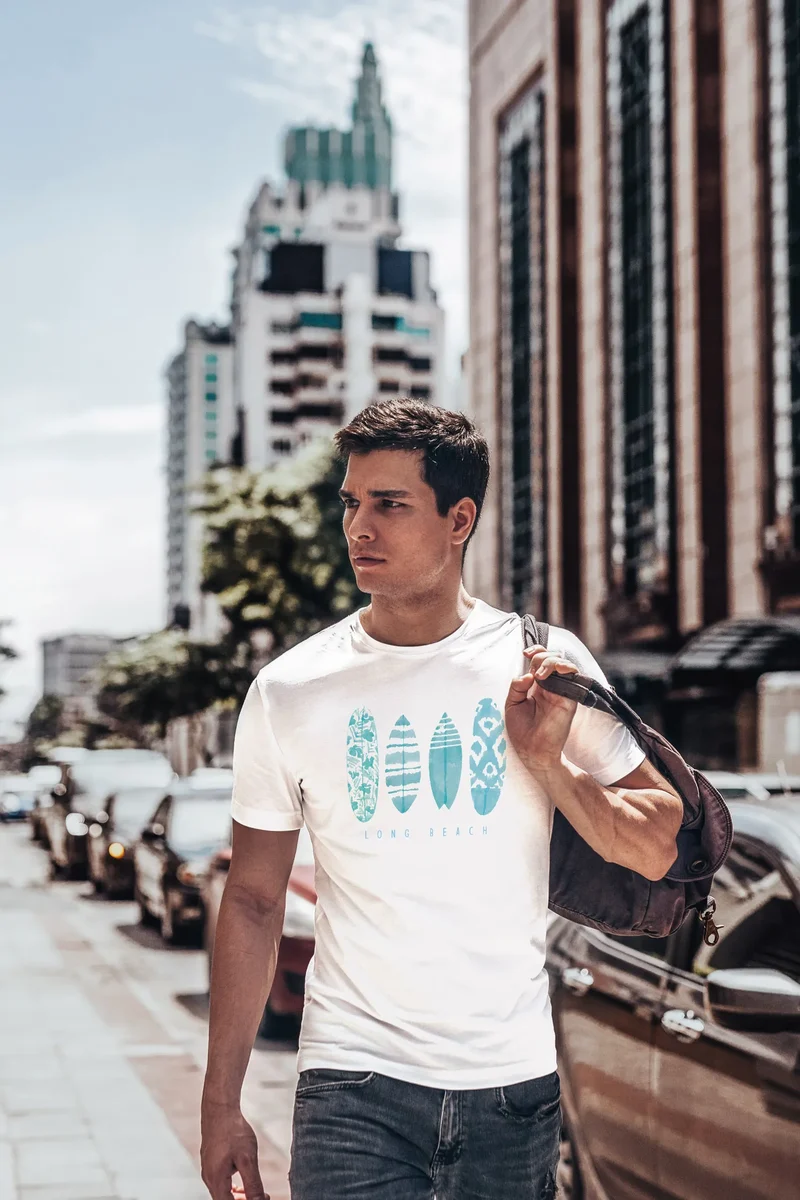 Herren T-Shirt Surfing Fashion Aufdruck Long Beach Surfboard Sommer Strand Streetstyle