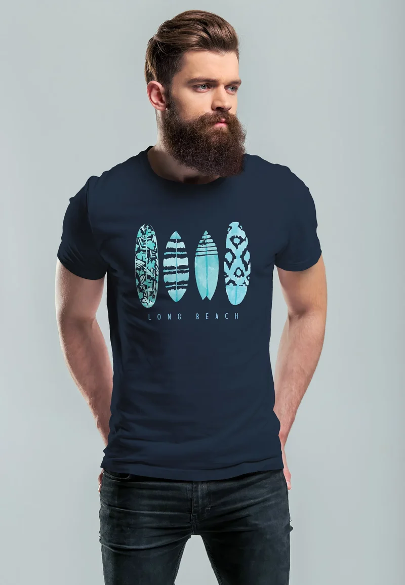 Herren T-Shirt Surfing Fashion Aufdruck Long Beach Surfboard Sommer Strand Streetstyle
