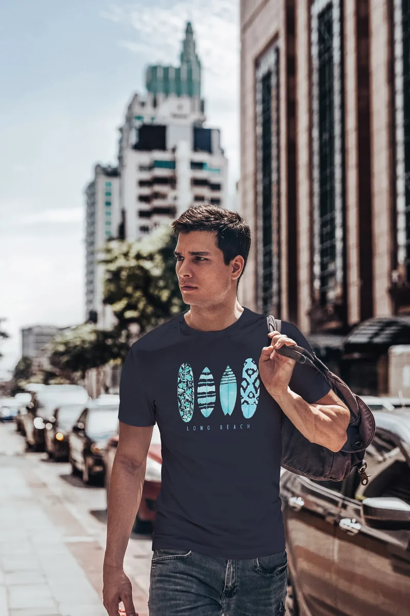 Herren T-Shirt Surfing Fashion Aufdruck Long Beach Surfboard Sommer Strand Streetstyle