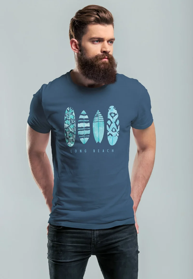 Herren T-Shirt Surfing Fashion Aufdruck Long Beach Surfboard Sommer Strand Streetstyle
