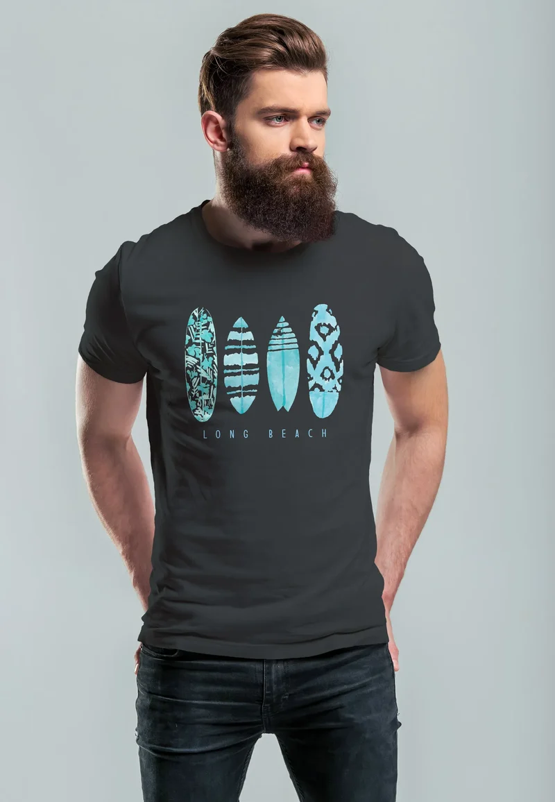 Herren T-Shirt Surfing Fashion Aufdruck Long Beach Surfboard Sommer Strand Streetstyle