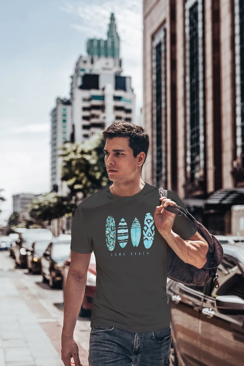 Herren T-Shirt Surfing Fashion Aufdruck Long Beach Surfboard Sommer Strand Streetstyle