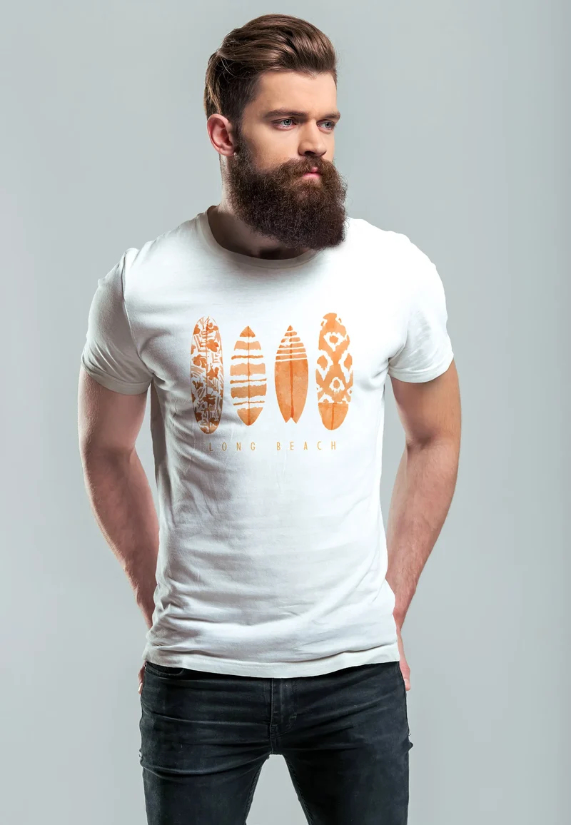 Herren T-Shirt Surfing Fashion Aufdruck Long Beach Surfboard Sommer Strand Streetstyle