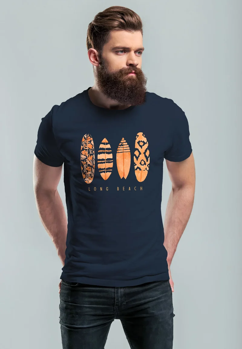 Herren T-Shirt Surfing Fashion Aufdruck Long Beach Surfboard Sommer Strand Streetstyle
