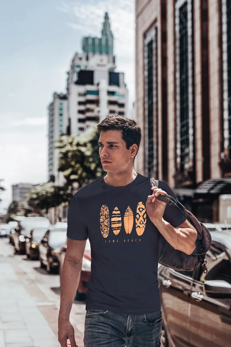 Herren T-Shirt Surfing Fashion Aufdruck Long Beach Surfboard Sommer Strand Streetstyle