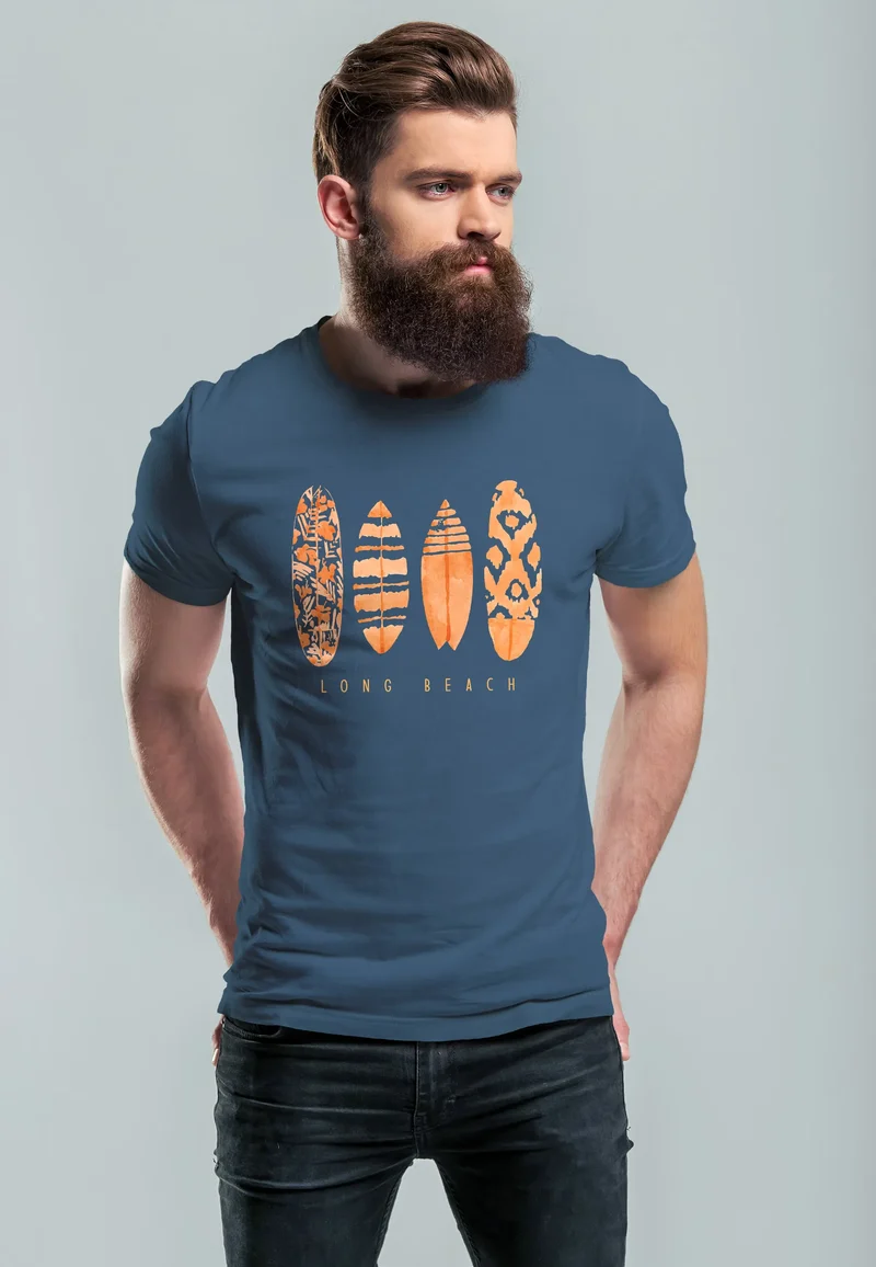 Herren T-Shirt Surfing Fashion Aufdruck Long Beach Surfboard Sommer Strand Streetstyle