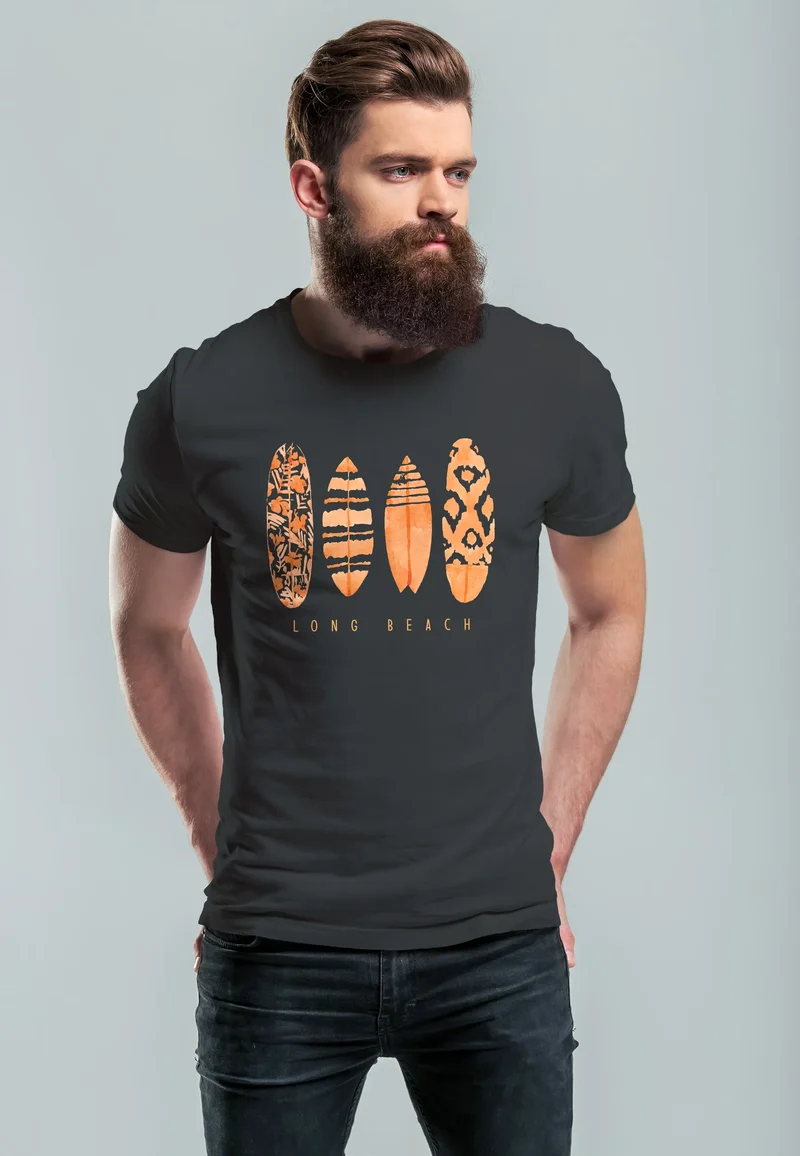 Herren T-Shirt Surfing Fashion Aufdruck Long Beach Surfboard Sommer Strand Streetstyle