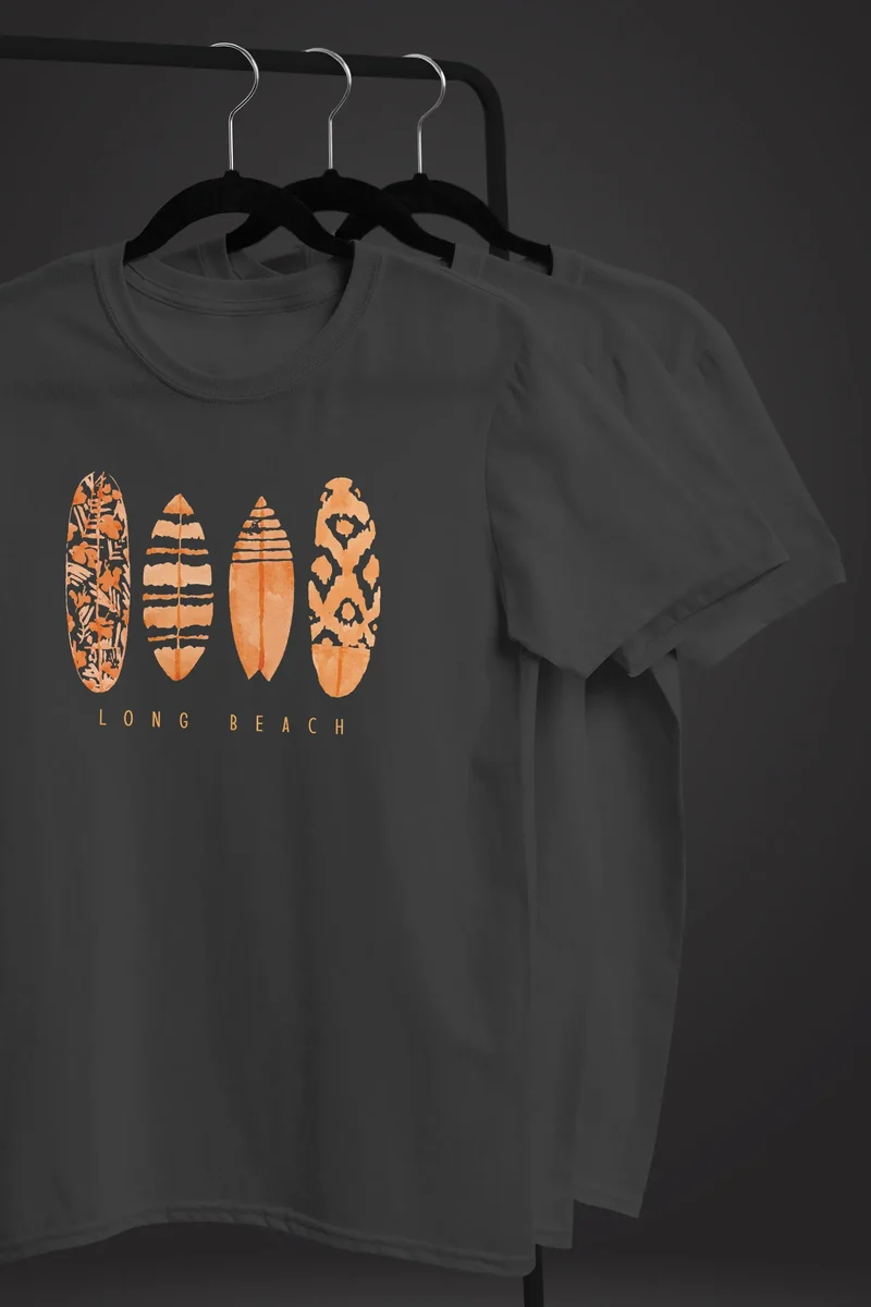 Herren T-Shirt Surfing Fashion Aufdruck Long Beach Surfboard Sommer Strand Streetstyle