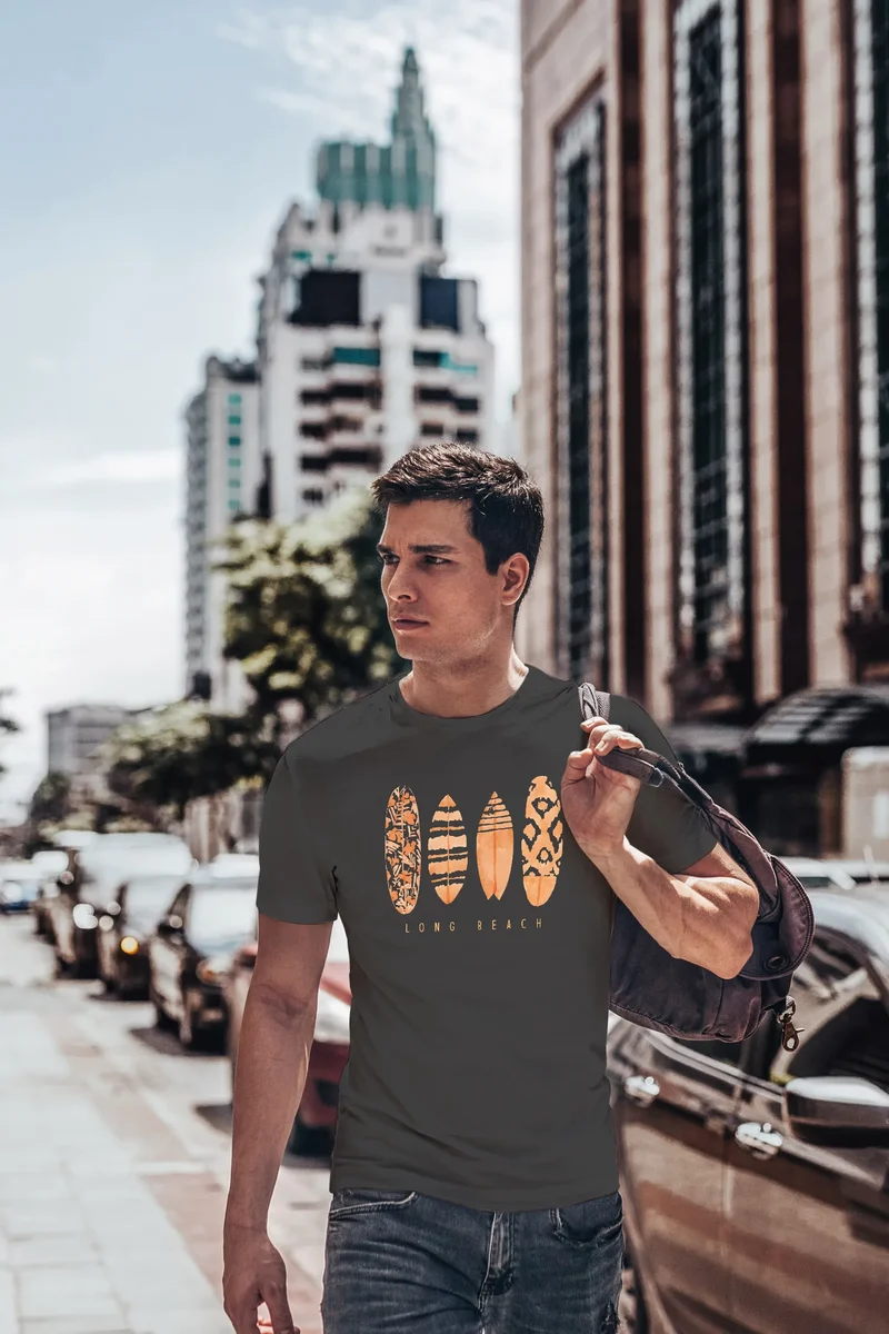 Herren T-Shirt Surfing Fashion Aufdruck Long Beach Surfboard Sommer Strand Streetstyle