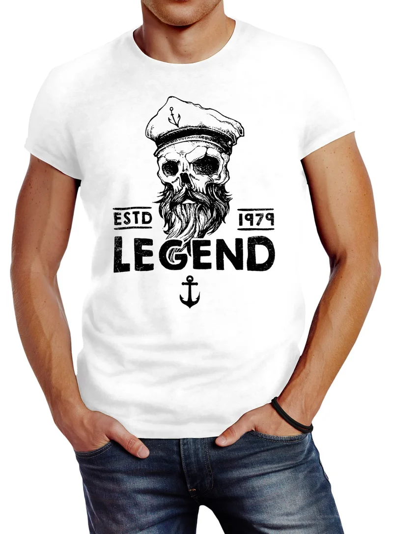 Herren T-Shirt Skull Captain Legend Totenkopf Bart Kapitän Slim Fit