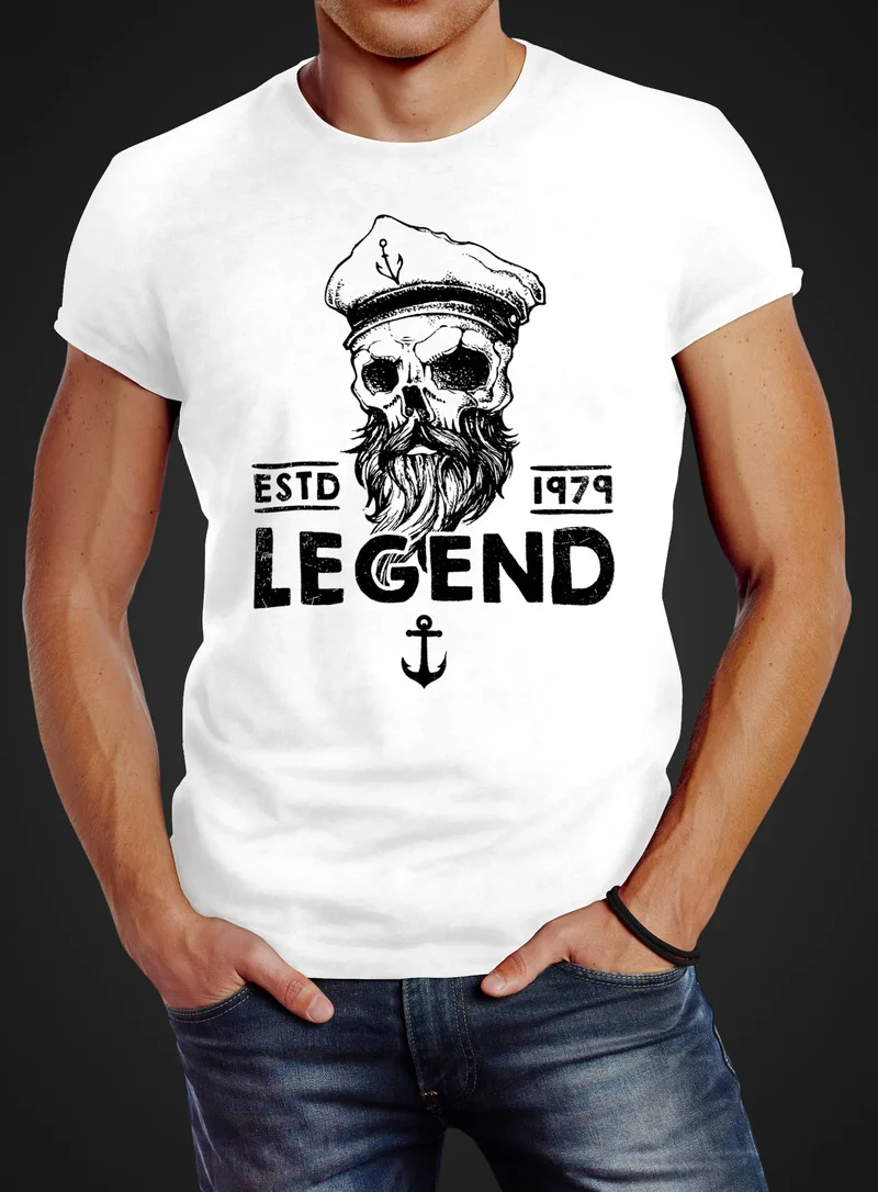 Herren T-Shirt Skull Captain Legend Totenkopf Bart Kapitän Slim Fit