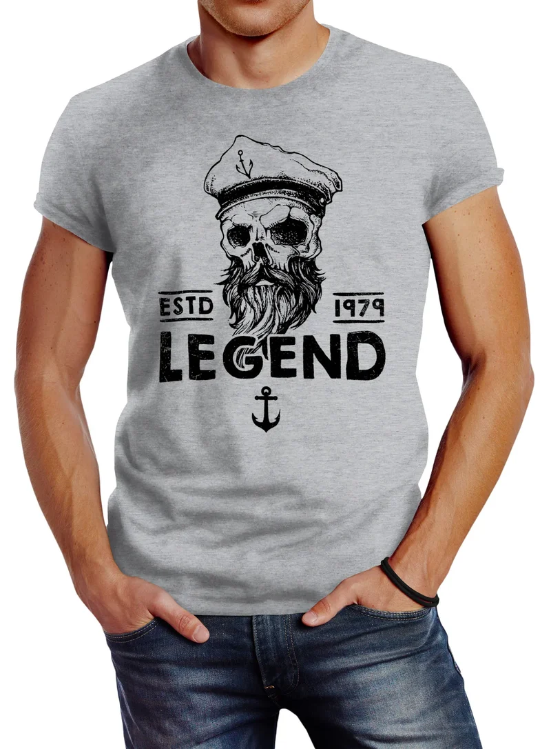 Herren T-Shirt Skull Captain Legend Totenkopf Bart Kapitän Slim Fit