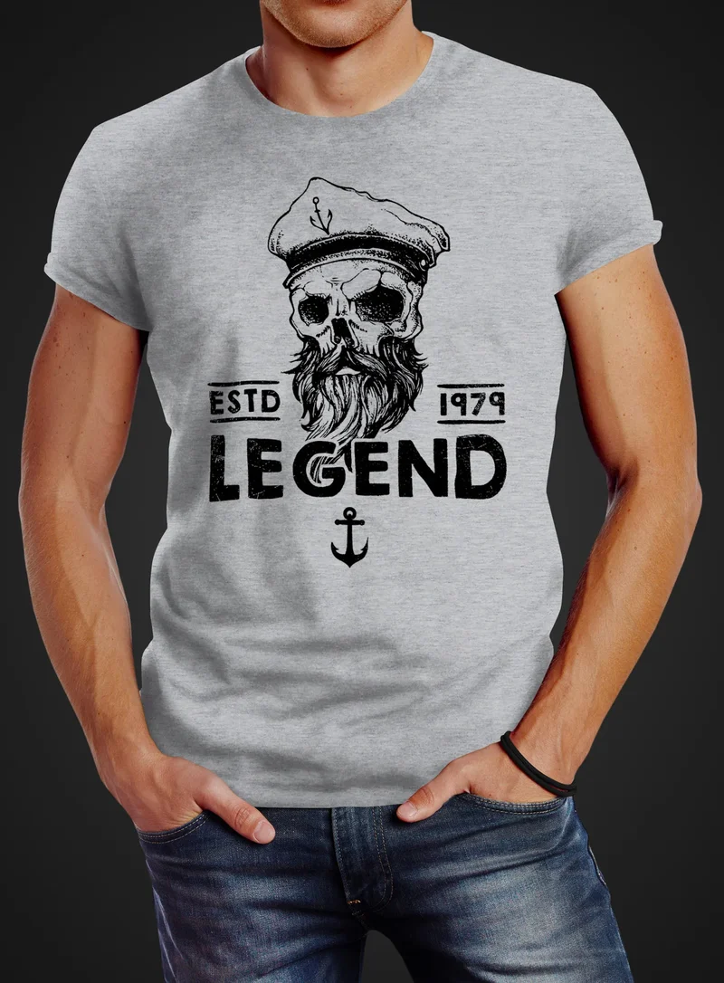 Herren T-Shirt Skull Captain Legend Totenkopf Bart Kapitän Slim Fit