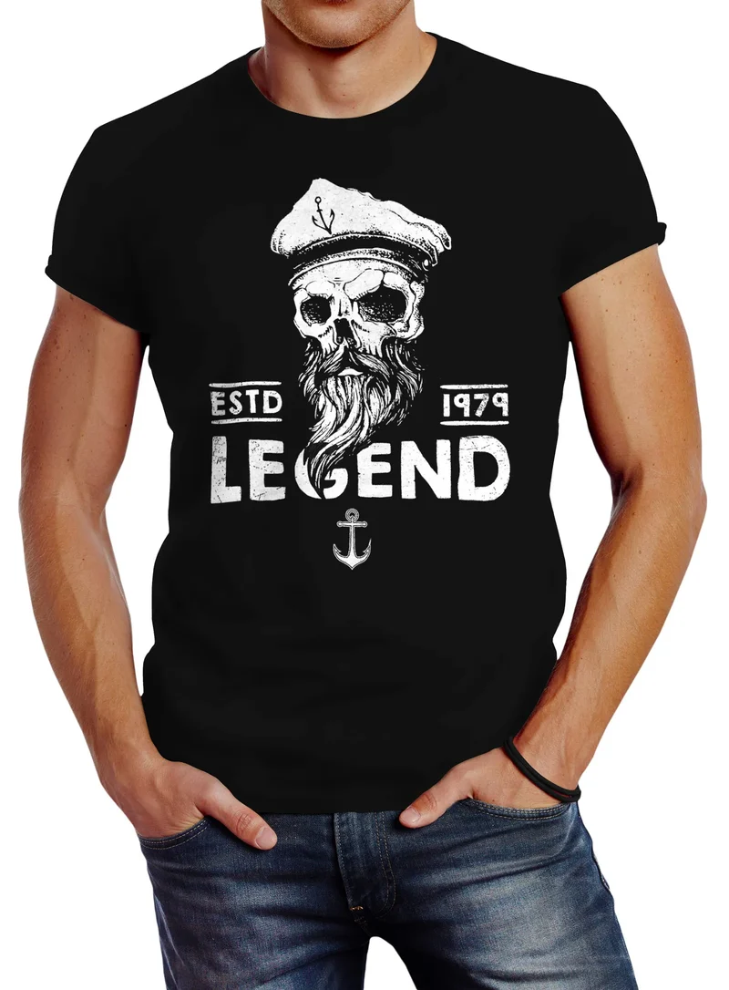 Herren T-Shirt Skull Captain Legend Totenkopf Bart Kapitän Slim Fit