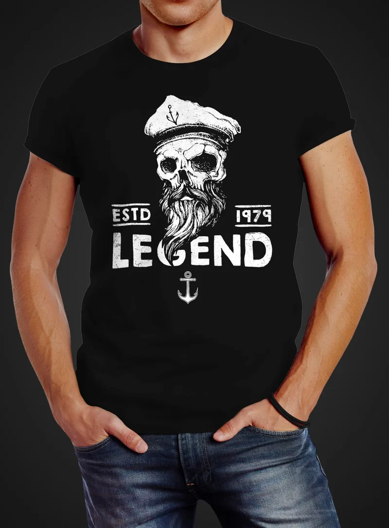 Herren T-Shirt Skull Captain Legend Totenkopf Bart Kapitän Slim Fit