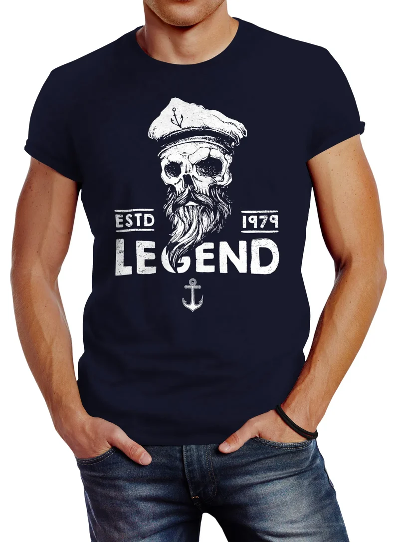Herren T-Shirt Skull Captain Legend Totenkopf Bart Kapitän Slim Fit