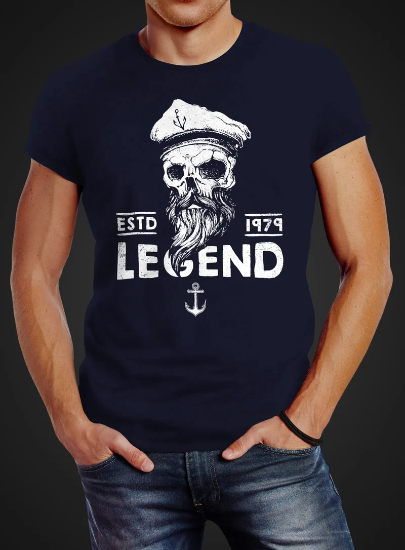 Herren T-Shirt Skull Captain Legend Totenkopf Bart Kapitän Slim Fit
