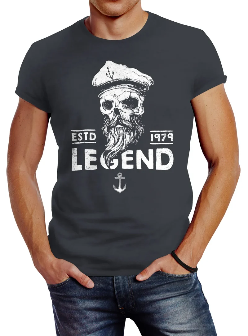 Herren T-Shirt Skull Captain Legend Totenkopf Bart Kapitän Slim Fit
