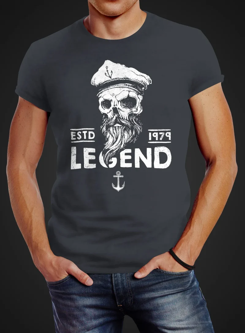 Herren T-Shirt Skull Captain Legend Totenkopf Bart Kapitän Slim Fit